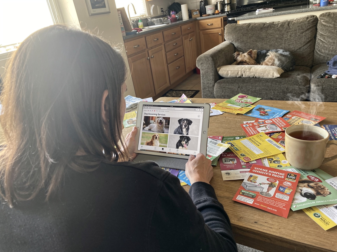 A dog owner browsing a local groomer website on a tablet at home