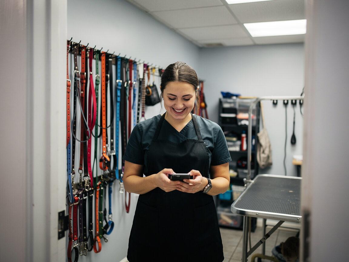 A dog groomer smiling at a new booking notification on their phone between appointments