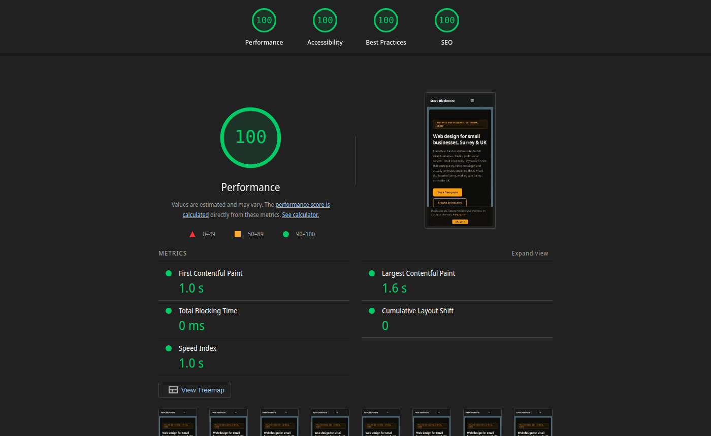 steveblackmore.dev Lighthouse report showing Performance 100, LCP 1.6s, 0ms blocking time